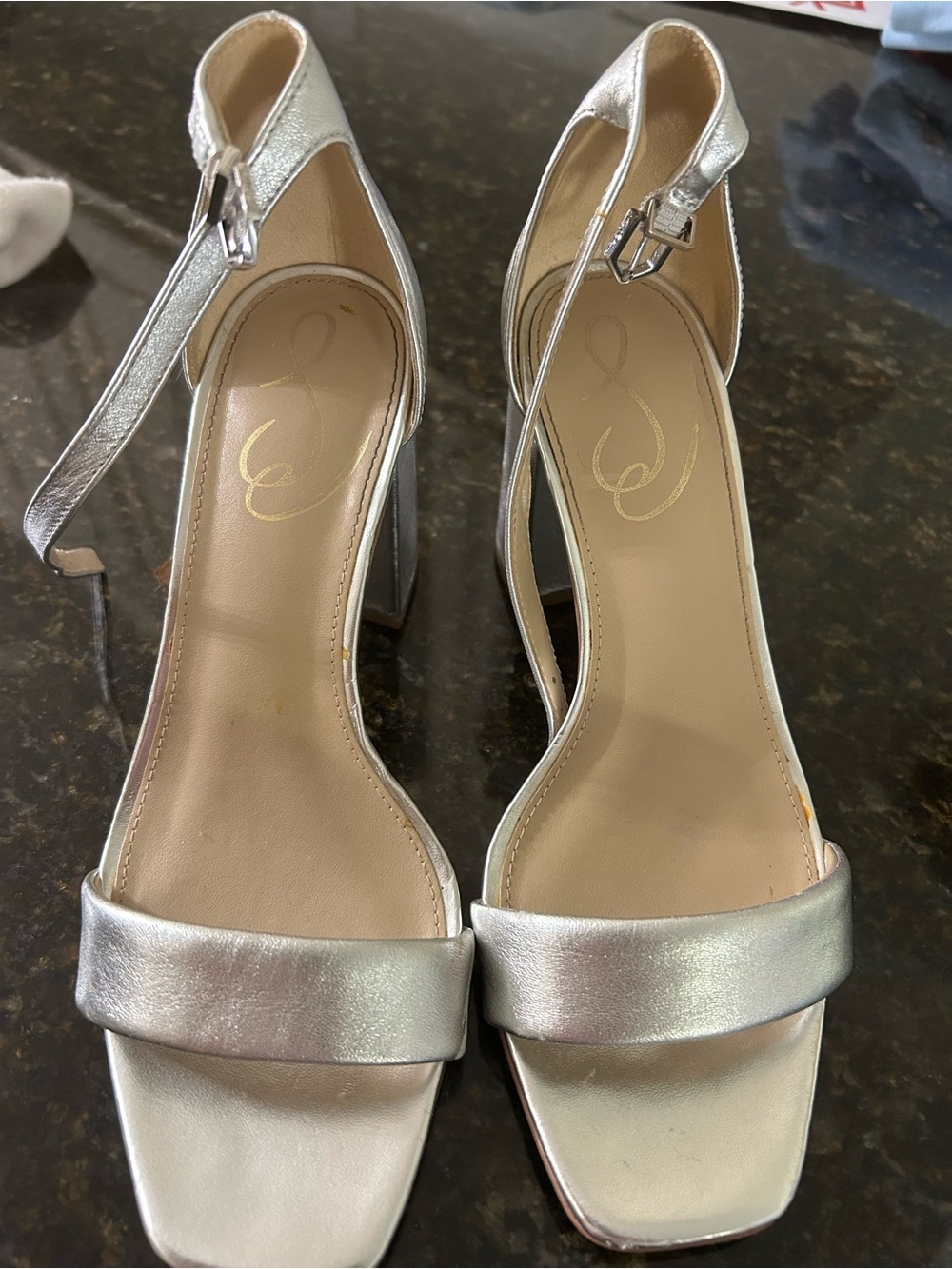Sam Eldeman Metallic Silver Ankle-Strap Block Heel Sandals